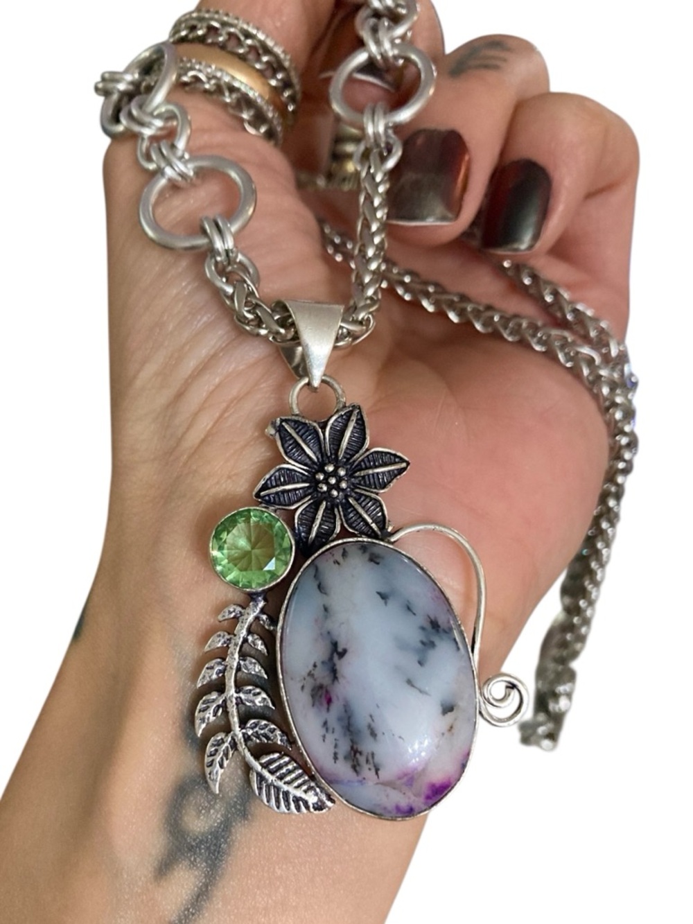 Genuine peridot & agate gemstone boho flower design maille detail chain necklace